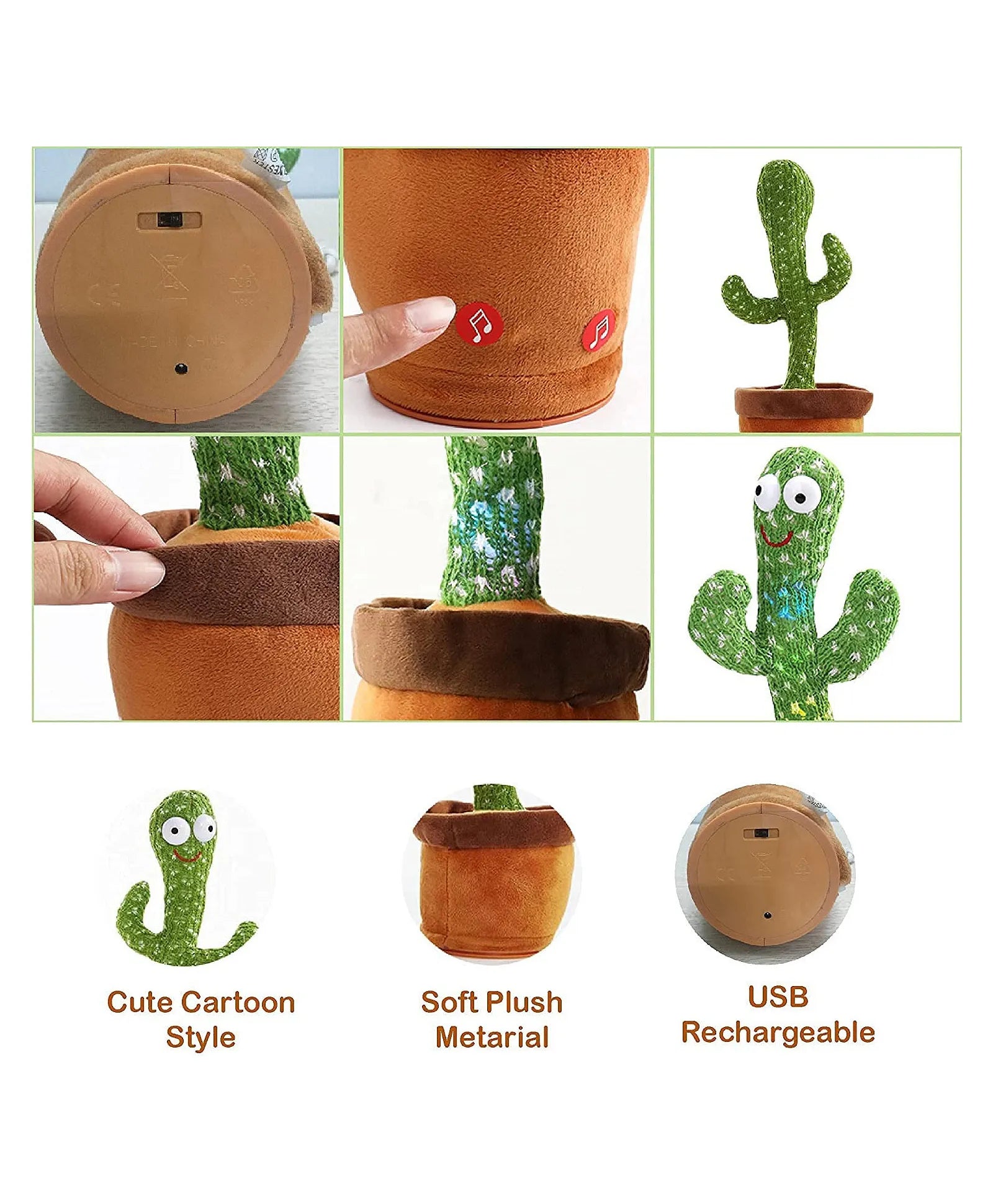 Negocio Singing Talking Recording Dancing Cactus Toy - Green & Brown