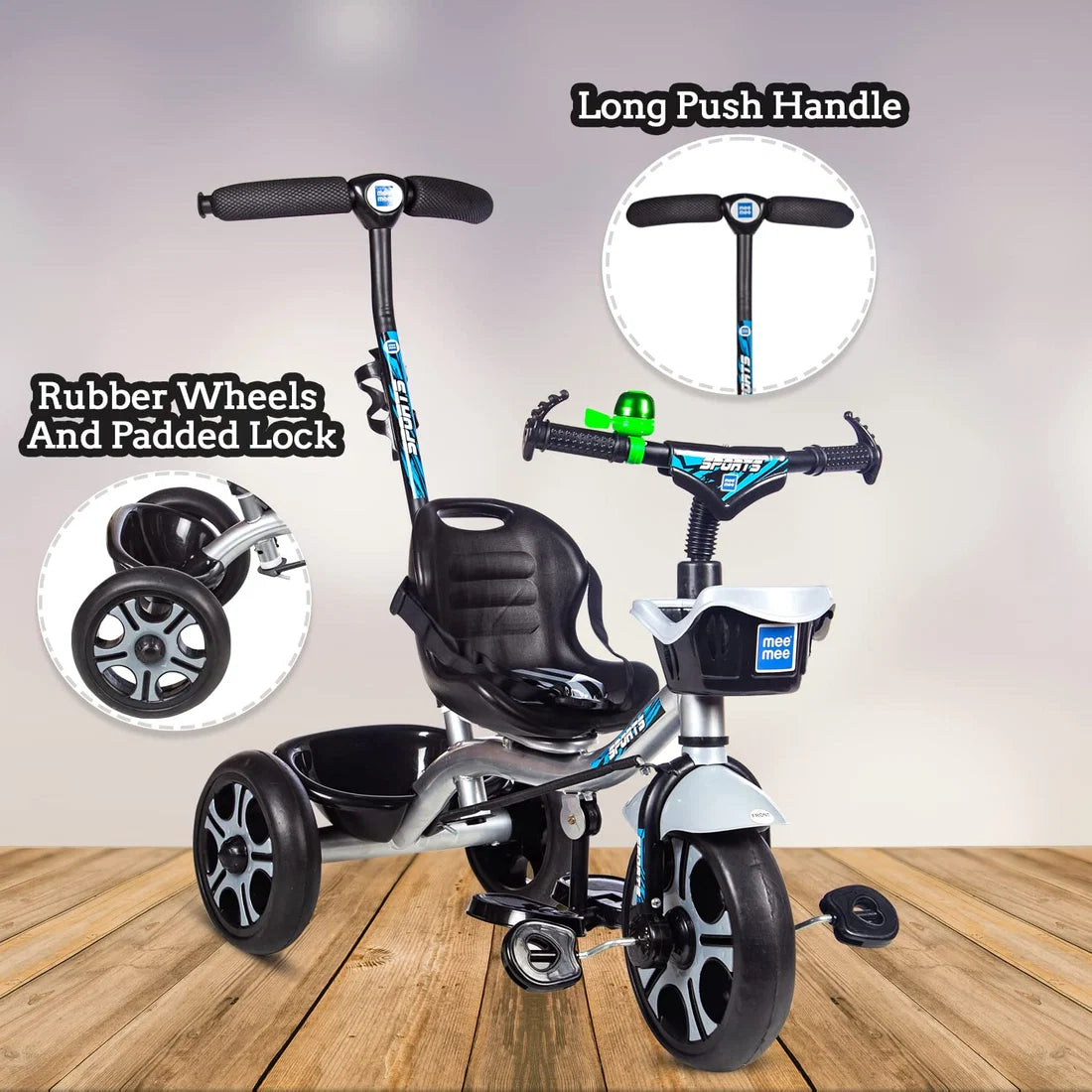 Premium Baby Tricycle with Adjustable Parent Handle & Cushioned Seat (Silver)