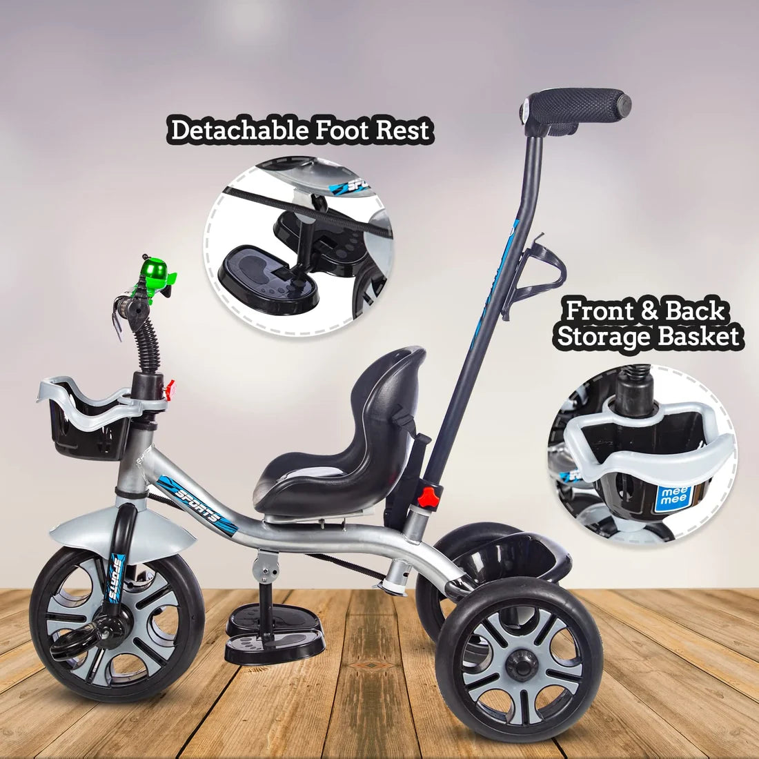Premium Baby Tricycle with Adjustable Parent Handle & Cushioned Seat (Silver)