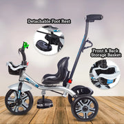 Premium Baby Tricycle with Adjustable Parent Handle & Cushioned Seat (Silver)
