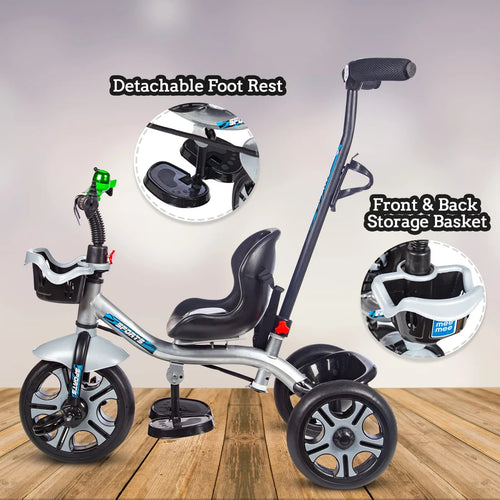 Premium Baby Tricycle with Adjustable Parent Handle & Cushioned Seat (Silver)