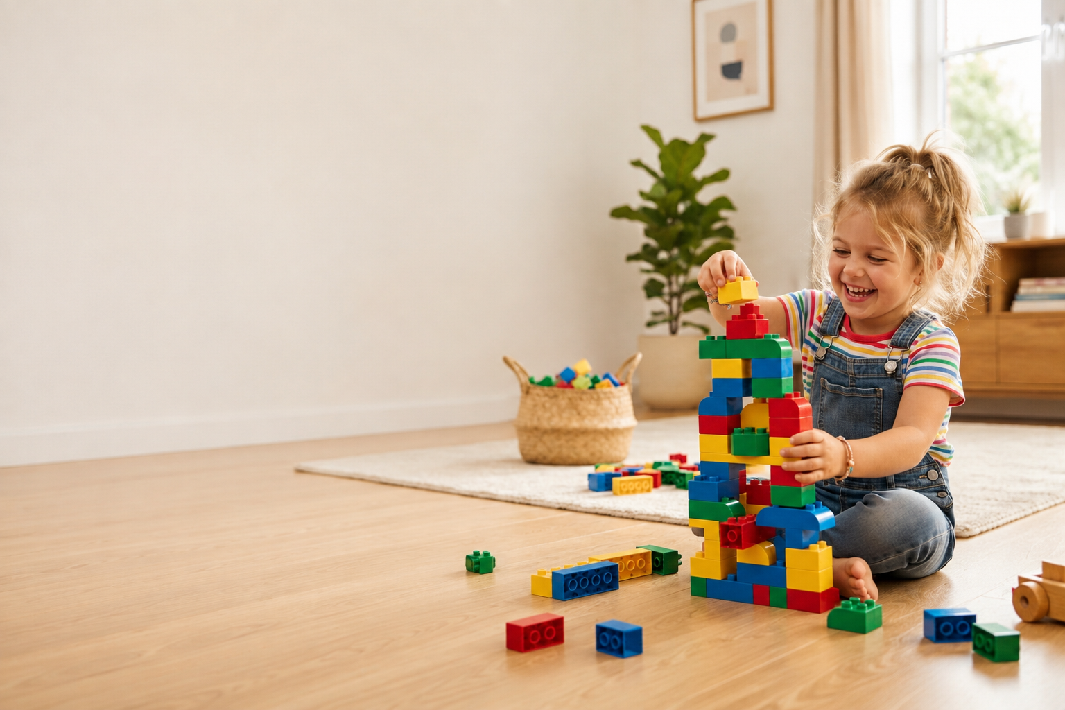 Child building a colorful tower with toy blocks