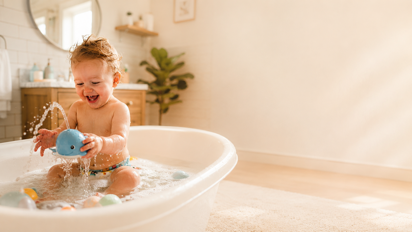 Baby enjoying a whale bath toy