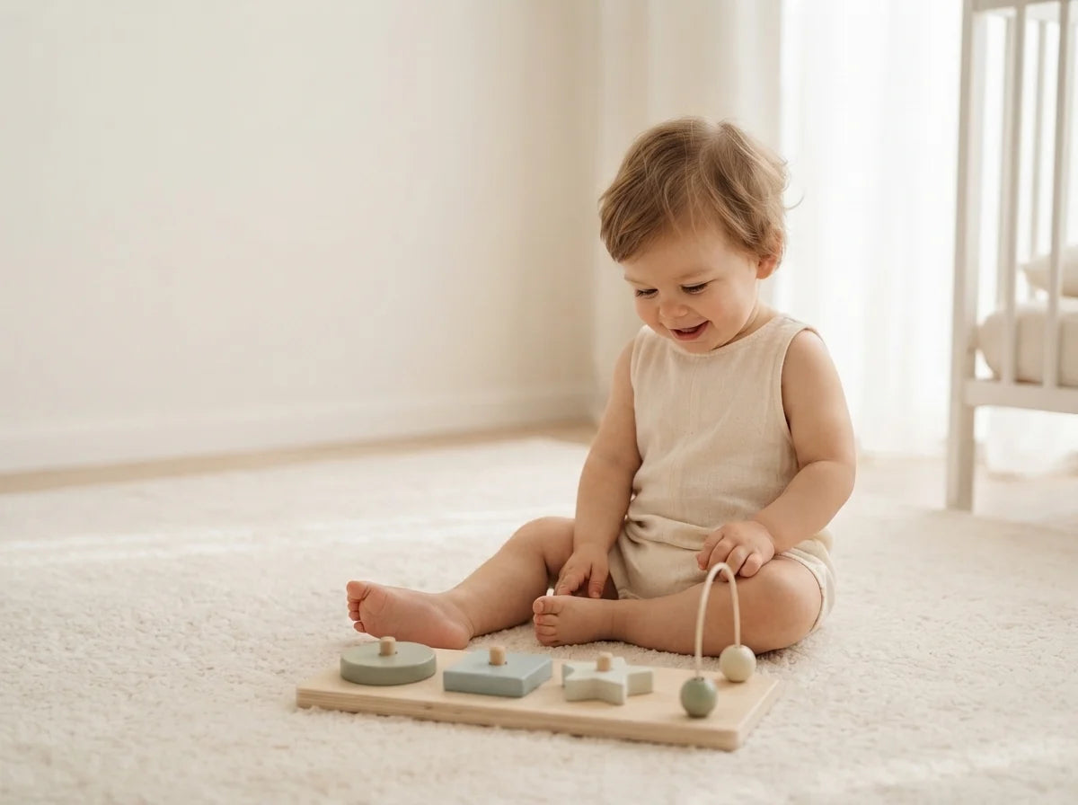 Baby exploring a wooden activity board
