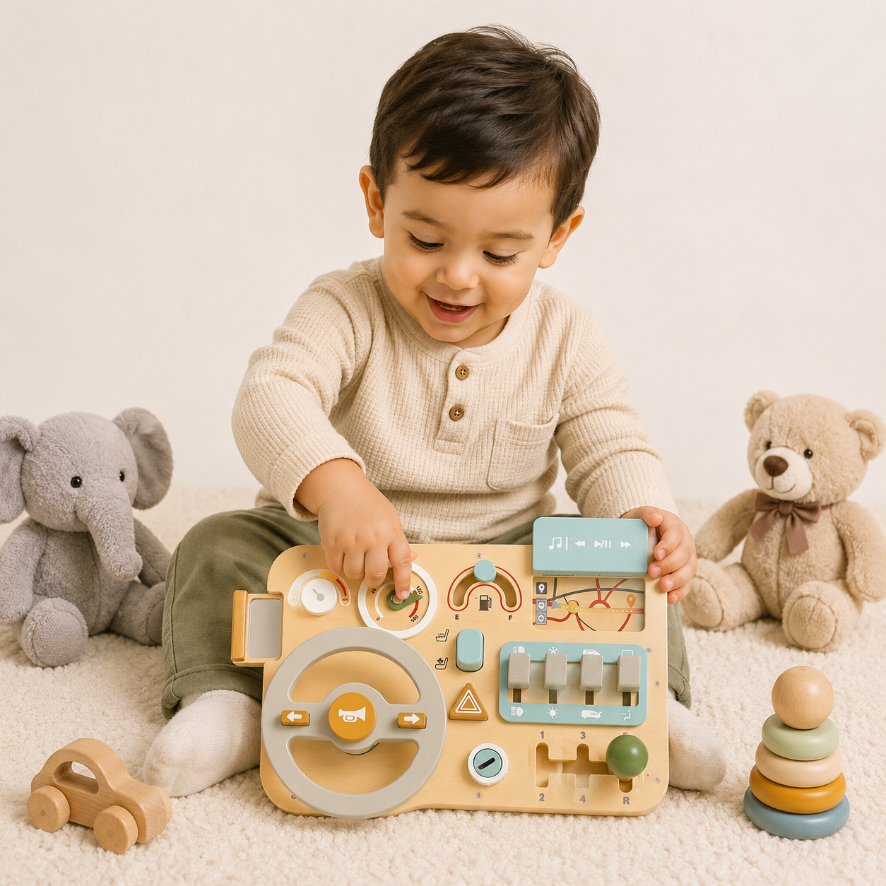 Toddler playing with a wooden busy board