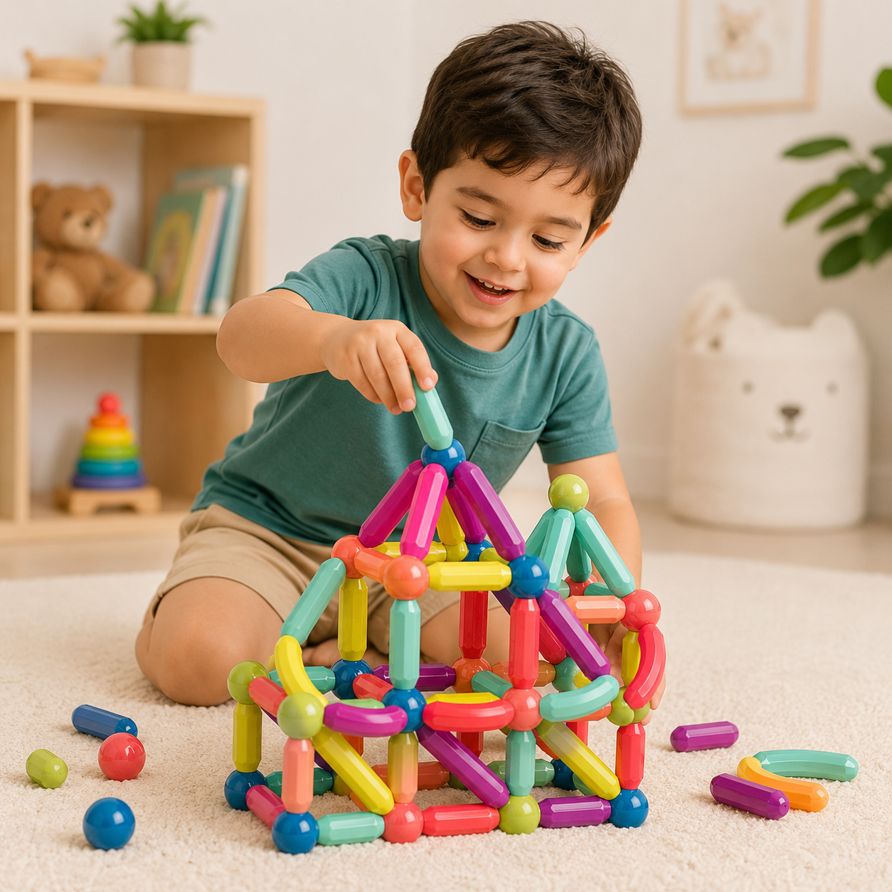 Child building with colorful magnetic blocks