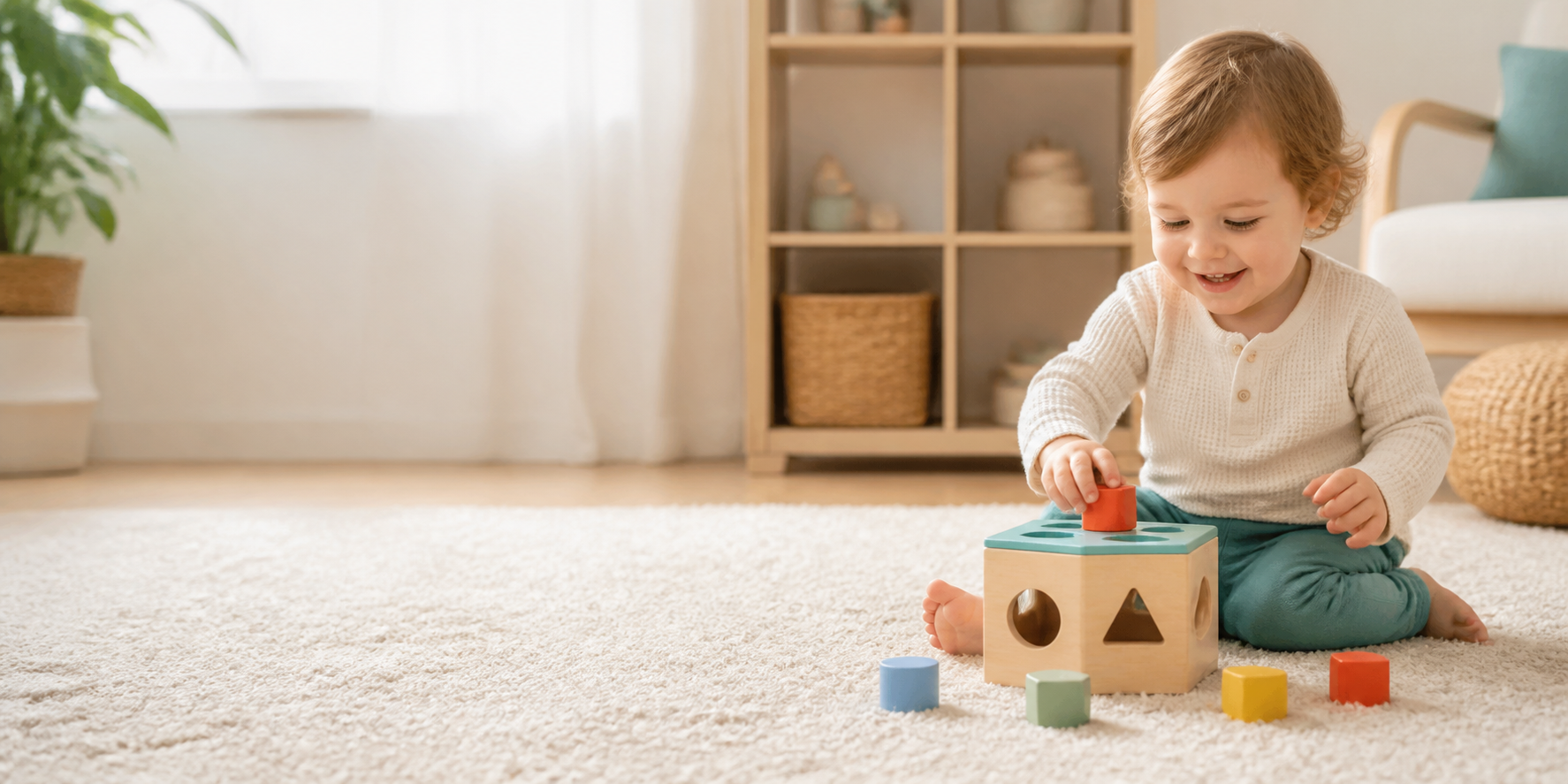 Happy toddler playing with a wooden shape sorter