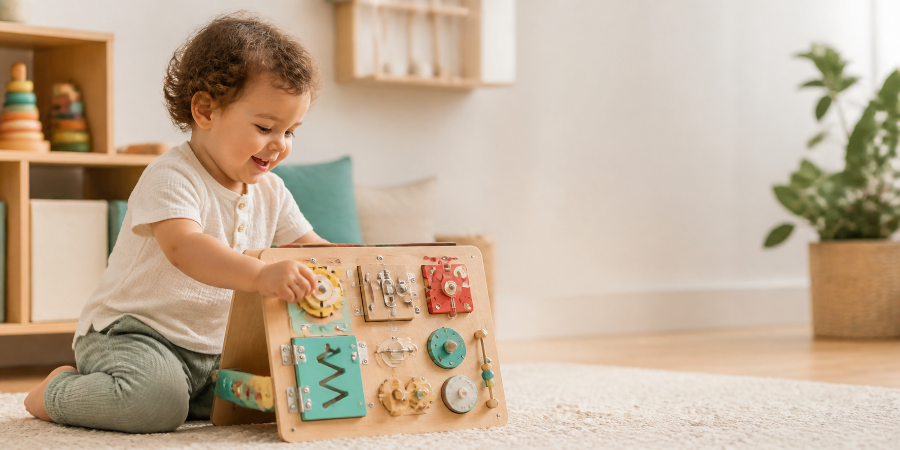 Toddler exploring a colorful wooden activity board